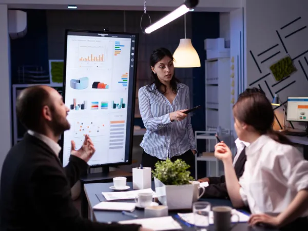 a lady presenting business insights to a table of professionals
